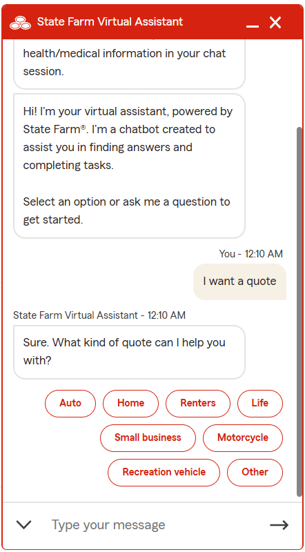Conversation view with quote flow and quick-reply chips