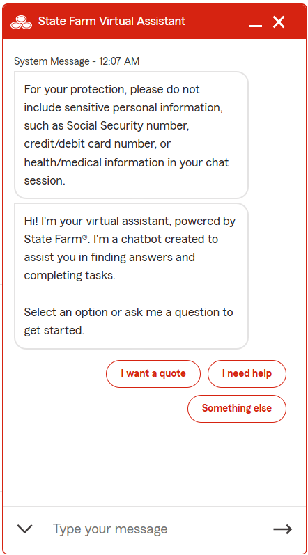 Virtual assistant welcome screen with confidentiality notice and greeting