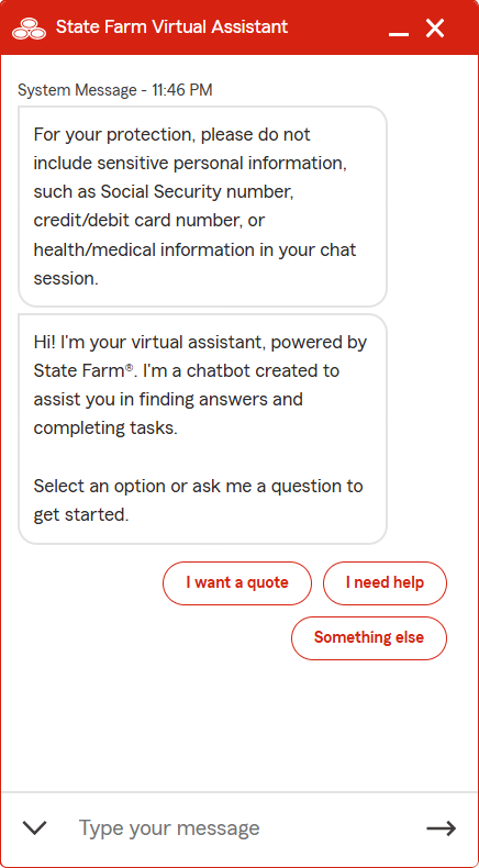 Virtual assistant welcome screen with security notice and greeting